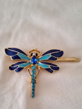 Gold Dragonfly Hair Pin in Blue and Aqua Enamel